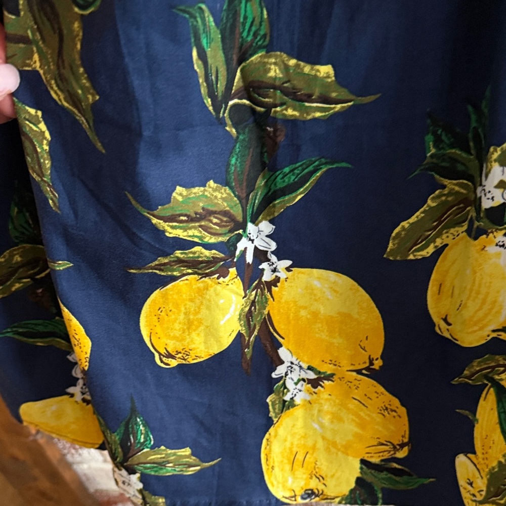 Navy Lemon Print A-Line Skirt Sz L Cotton Mediterranean Amalfi Coast Retro 50s - Picture 7 of 7